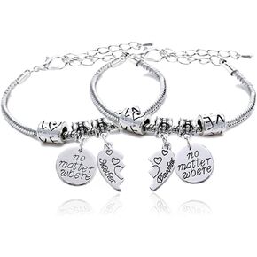 lauhonmin 2pcs Mother Daughter Bangles Set No Matter Where Compass Split Broken Heart Expandable Bracelets Gift