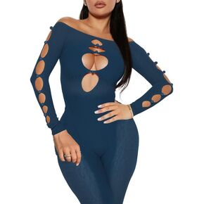 SUZONANA Bodycon See Through Jumpsuit for Women Sexy Leopard Print Pearl Buckle Off-Shoulder Rompers long sleeve Clubwear