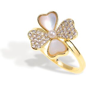 Sonateomber Gold Four Leaf Clover Ring for Women Girls, Dainty Statement Adjustable Open Green White Rhinestone Enamel Shamrock Stacking St Patrick’s Day Prom Jewelry Gift