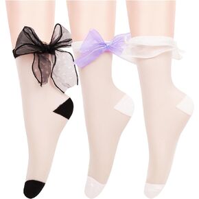 Womens Sexy Ruffle Sheer Socks Girls Cute Lace Mesh Ankle Socks Novelty Colorful Patterned Tulle Crew Socks Gifts