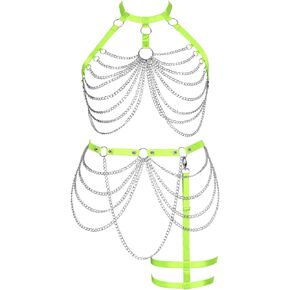 Women's Body Harness Bra Plus Size Cage metal chain Bra Stockings Fashion Garter Set Punk Gothic Carnival Dance Costume