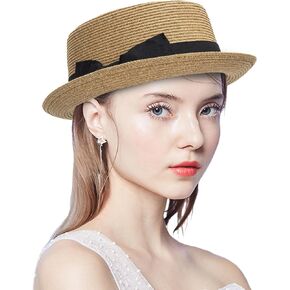Straw Pork-Pie Fedora-Hat for Women-Men Spring-Summer - Boater Derby Sun Hat with Bowknot