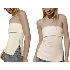 LOFAAC Women Sexy Strapless Zipper Split Side Knit Bandeau Tube Top Y2K Slim Sleeveless Backless Off Shoulder Tank Shirt