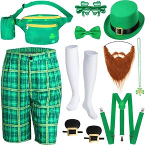 Capoda 10 Pcs St. Patrick's Day Costume Accessories Set Men Clover Shorts Hat Glasses Necklaces Suspenders for Irish Party (Large)