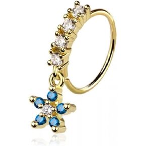 Pierced Owl 20GA 316L Stainless Steel CZ Crystal Lined Hoop with Dangling Blue Flower Charm Bendable Nose Ring