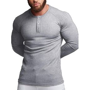 Men's Cotton Muscle Henley Shirts Slim Fit Casual Shirt Long Sleeve Stretch Workout Tee(Grey/L)
