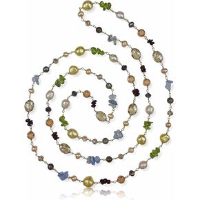 Hand Crafted Wire Wrapped Multi-Shape Multi-Color Gemstone Cultured Freshwater Pearl Wire Beaded Chain Station Necklace, About 45" Long.