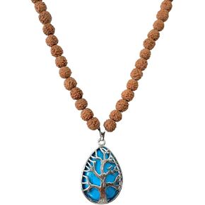 Yoga and Meditation necklace mala 108 rudraksha bead with Tree of life shiny gemstone pedant. 7 chakra healing necklace for wellness and peace of mind. Hand made 8mm Himalayan bead used.