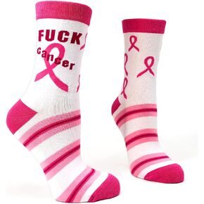Fabdaz Women's Crew Socks with Words F-ck Cancer and Pink Breast Cancer Awareness Ribbon