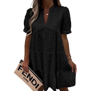 Imily Bela Womens Summer Lace Dresses Eyelet Casual Flowy Babydoll Swing Short Sleeve V Neck Tunic Dress