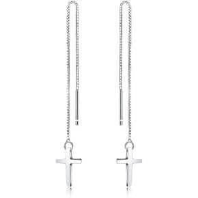 Minimalist Cross Threader Tassel Dangle Earrings S925 Sterling Silver Charm Long Dangling Drop Earring Fashion Jewelry Gift for Women Girls Sensitive Ears Valentines Day Presents