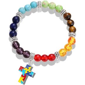 Dreuyet Autism Awareness Bracelet 7 Chacarat Bead Lace Bracelet Red Ribbon Charm Bracelets Healing Chakra Crystal Bracelets Puzzle Piece Jewelry Gifts