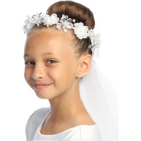 Pink Princess Girls First Communion Veil -1st Holy Communion Veil - Headpiece with Flowers, Crystals and Pearls - Head Pieces for Catholic Accessories - Velos de Primera Comunion