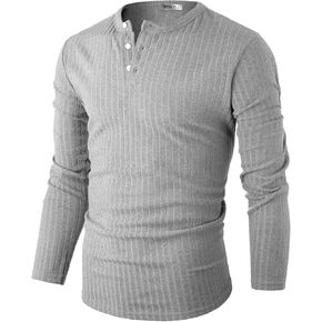Ohoo Boldly Textured Ribbed Henley Shirts for Men Long Sleeve - Slim Fit Lightweight Stretch Fabric Muscle Tee