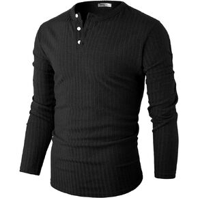Ohoo Boldly Textured Ribbed Henley Shirts for Men Long Sleeve - Slim Fit Lightweight Stretch Fabric Muscle Tee