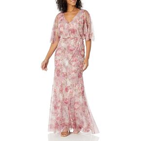 Adrianna Papell Women's Printed Beaded Mesh Long Gown