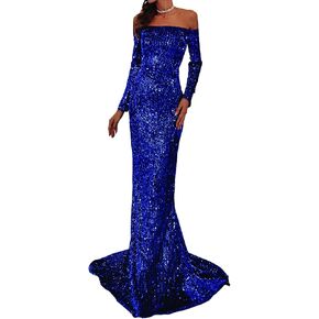 V/A Women Off Shoulder Long Sleeve Backless Floor Length Sequin Wedding Evening Party Maxi Dress