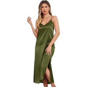 Womens Satin Nightgown Sexy Lingerie Sleepwear Spaghetti Strap Nightdress V Neck Chemises Silky Long Slip Dress