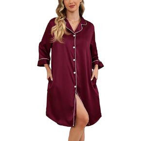 Women's Silk Nightgowns Button Down Sleep Shirts Boyfriend 3/4 Sleeve Satin Nightshirt Pajama Dress