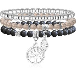 TempBeau Life of Tree Bracelet for Women - Natural Stone Crystal Beaded Girl Stretch, Stackable Silver Chain Strand Set, Boho Bohemian Beach Bracelets Jewelry Gift for Girl Mother Girlfriend