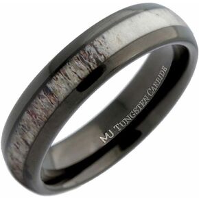 6mm Natural Deer Antler Inlay White Tungsten Carbide or Black Plated Ring