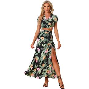 Allegra K Tropical 2 Piece Outfits for Women's Wrap Crop Top and Hawaiian Ruched Front Maxi Skirt Set
