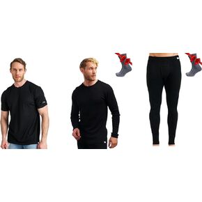 Merino Wool Base Layer Mens Set - Lightweight Undershirt, Midweight Thermal Underwear Top, Bottom + Wool Socks