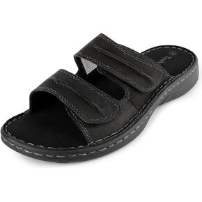 TIESTRA Mens Adjustable Leather Slide Sandals With Velcro Comfortable Lightweight Summer Memory Foam Sandals Casual Beach Slip On Sandals for Men Indoor & Outdoor