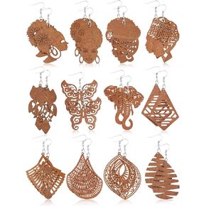 12 Pairs African Earrings Wooden Boho Drop Earrings Bohemian Pendant Dangle Earrings Lightweight Ethnic Style Wood Earrings for Women