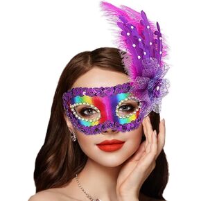 Campsis Women Masquerade Mask Purple Mardi Gras Masks Feather Carnival Mask Rave Ball Party Face Decorations for Women and Girls