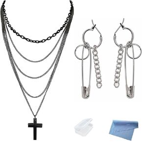 Multilayer Gothic Retro 80s Black Long Chain Cross Necklace and Stainless Steel Cool Punk Safety Pin Earrings for Men Women Teen with Mini Cloth and Mini Box