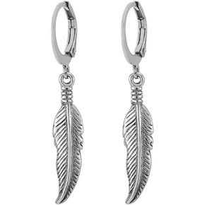 Mens Womens Stainless Steel Huggie Hinged Hoop Earrings with Dangling Vintage Feather Leaf