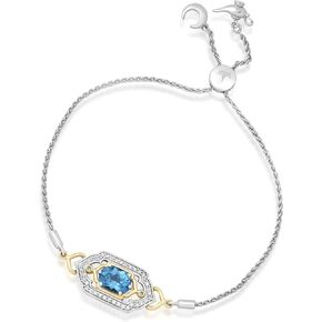 Jewelili Enchanted Disney Fine Jewelry Sterling Silver and 10K Yellow Gold 8x6 MM Oval and 1.1 MM Round Cut Swiss Blue Topaz with 1/5 Cttw Natural White Round Diamonds Jasmine Bracelet