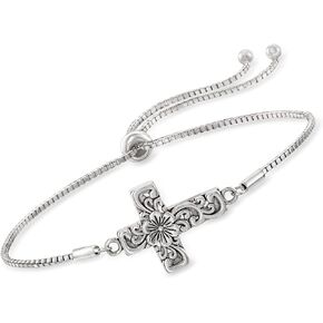 Ross-Simons Sterling Silver Bali-Style Floral Cross Bolo Bracelet