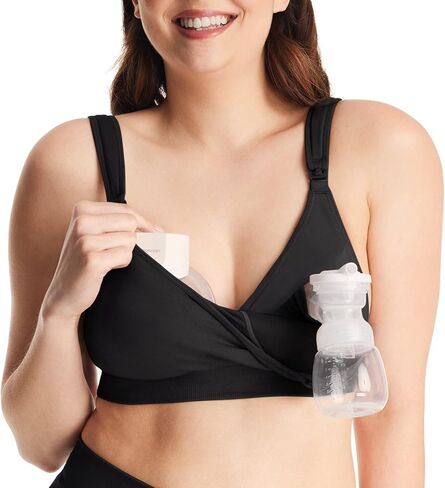 Momcozy Lycra Pumping Bra Hands Free with Fixed Padding for Good Shaping, Comfortable Support Pumping and Nursing Bra in One, Seamless Maternity Breast Pump Bra & Maternity Bra Black in Saudi Arabia