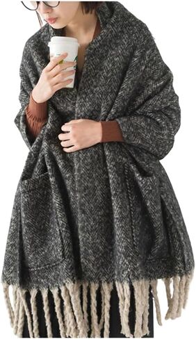 Tweed Shawl Wrap Poncho with Fringes and Pockets Extra Large Scarf to Keep You Warm in Style in Saudi Arabia