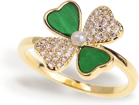 Sonateomber Gold Four Leaf Clover Ring for Women Girls, Dainty Statement Adjustable Open Green White Rhinestone Enamel Shamrock Stacking St Patrick’s Day Prom Jewelry Gift in Saudi Arabia