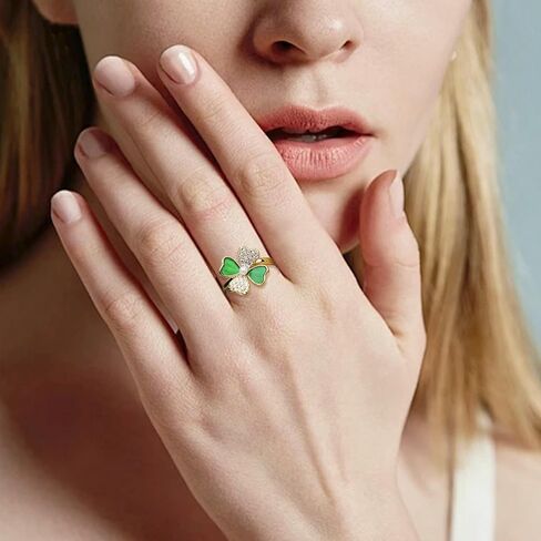 Sonateomber Gold Four Leaf Clover Ring for Women Girls, Dainty Statement Adjustable Open Green White Rhinestone Enamel Shamrock Stacking St Patrick’s Day Prom Jewelry Gift in Saudi Arabia