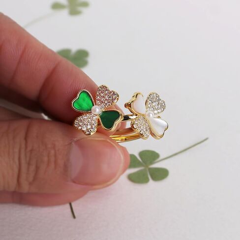 Sonateomber Gold Four Leaf Clover Ring for Women Girls, Dainty Statement Adjustable Open Green White Rhinestone Enamel Shamrock Stacking St Patrick’s Day Prom Jewelry Gift in Saudi Arabia