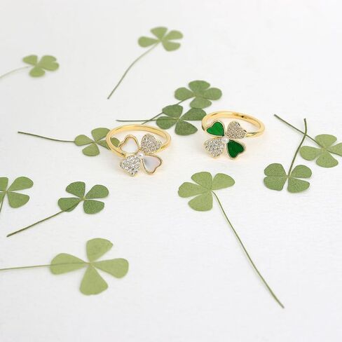 Sonateomber Gold Four Leaf Clover Ring for Women Girls, Dainty Statement Adjustable Open Green White Rhinestone Enamel Shamrock Stacking St Patrick’s Day Prom Jewelry Gift in Saudi Arabia