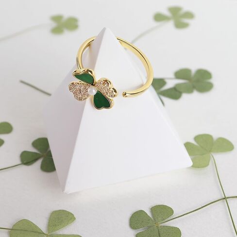 Sonateomber Gold Four Leaf Clover Ring for Women Girls, Dainty Statement Adjustable Open Green White Rhinestone Enamel Shamrock Stacking St Patrick’s Day Prom Jewelry Gift in Saudi Arabia