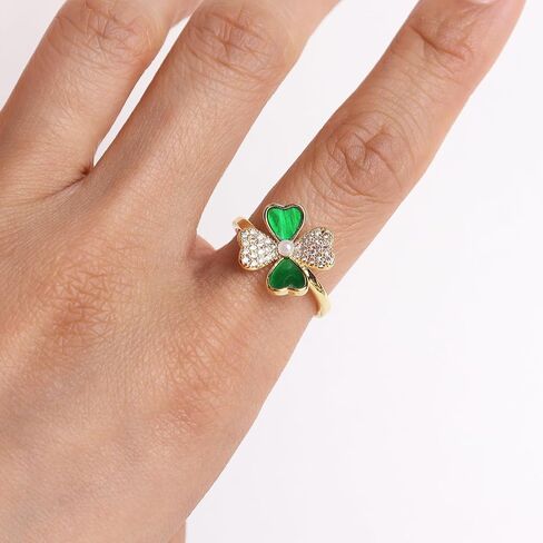Sonateomber Gold Four Leaf Clover Ring for Women Girls, Dainty Statement Adjustable Open Green White Rhinestone Enamel Shamrock Stacking St Patrick’s Day Prom Jewelry Gift in Saudi Arabia