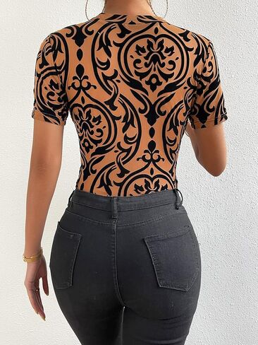 Milumia Women's Baroque Print Short Sleeve T Shirt Mock Neck Tee Bodysuit Jumpsuit in Saudi Arabia