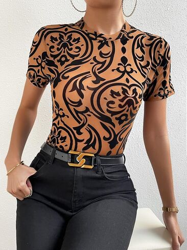 Milumia Women's Baroque Print Short Sleeve T Shirt Mock Neck Tee Bodysuit Jumpsuit in Saudi Arabia
