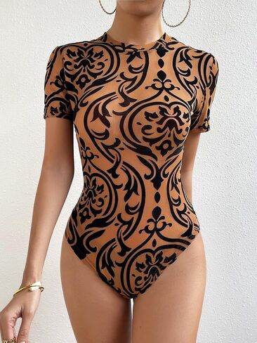 Milumia Women's Baroque Print Short Sleeve T Shirt Mock Neck Tee Bodysuit Jumpsuit in Saudi Arabia