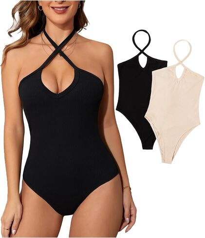 GORGLITTER Women's 2 Piece Ribbed Shapewear Bodysuit Cut Out Halter Crisscross Seamless Leotard Top in Saudi Arabia