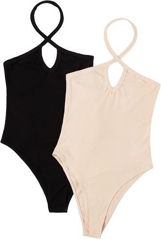 GORGLITTER Women's 2 Piece Ribbed Shapewear Bodysuit Cut Out Halter Crisscross Seamless Leotard Top in Saudi Arabia