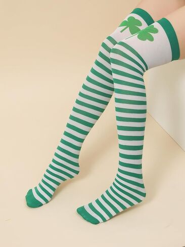 جوارب Wgudzpj لعيد القديس باتريك شامروك البرسيم للركبة جوارب عالية مخططة باللون الأخضر الأيرلندي للأزياء التنكرية in Kuwait