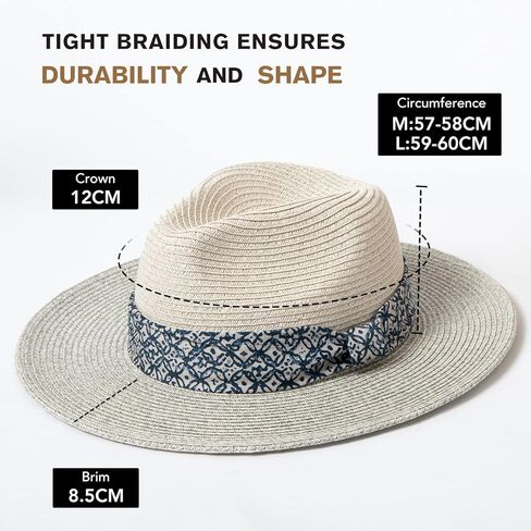 قبعة فيدورا من القش للجنسين للنساء والرجال، قبعة شاطئ قابلة للتعبئة بحافة واسعة قبعة بنما للأشعة فوق البنفسجية بعامل حماية من الأشعة فوق البنفسجية 50+ قبعة صيفية in Kuwait