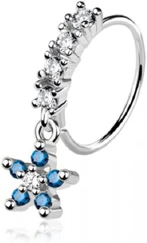 Pierced Owl 20GA 316L Stainless Steel CZ Crystal Lined Hoop with Dangling Blue Flower Charm Bendable Nose Ring in Kuwait